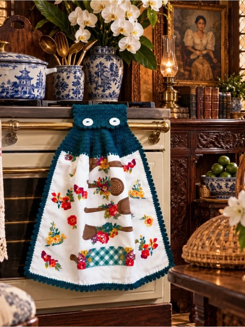 Pioneer Woman Handmade Crochet Hanging Kitchen Towel Teal Floral Utensils